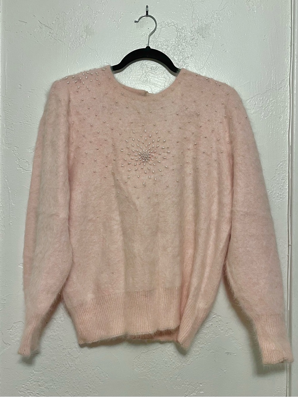 Vintage Blush Pink Hand Beaded Mohair-Blend Women's Sweater
